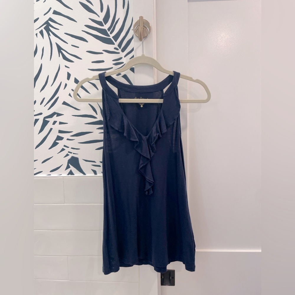 Lilly Pulitzer cotton ruffle v-kneck top size small navy